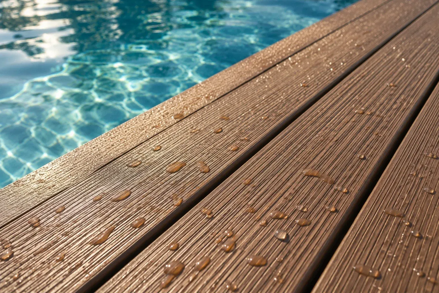 Acercamiento a tablas de Deck WPC con textura ranurada antideslizante y gotas de agua, junto al borde de una alberca