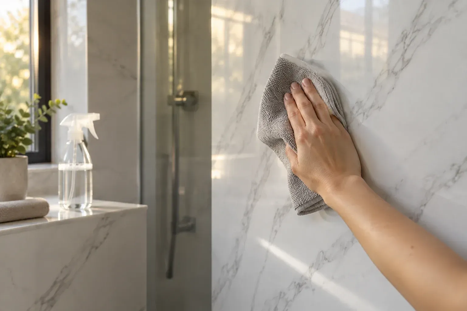 Mano limpiando un muro de mármol PVC blanco con vetas grises con un paño de microfibra, en un baño con luz natural y un atomizador de agua con jabón neutro
