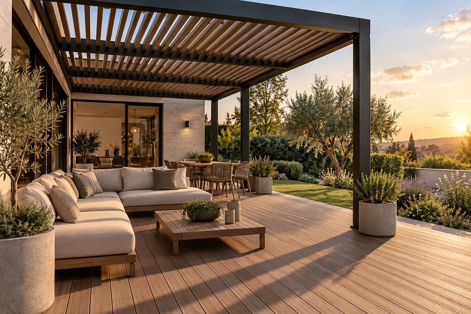 Pérgola de estructura metálica negra con listones de WPC en tono madera sobre una terraza con deck, sala y comedor de exterior al atardecer
