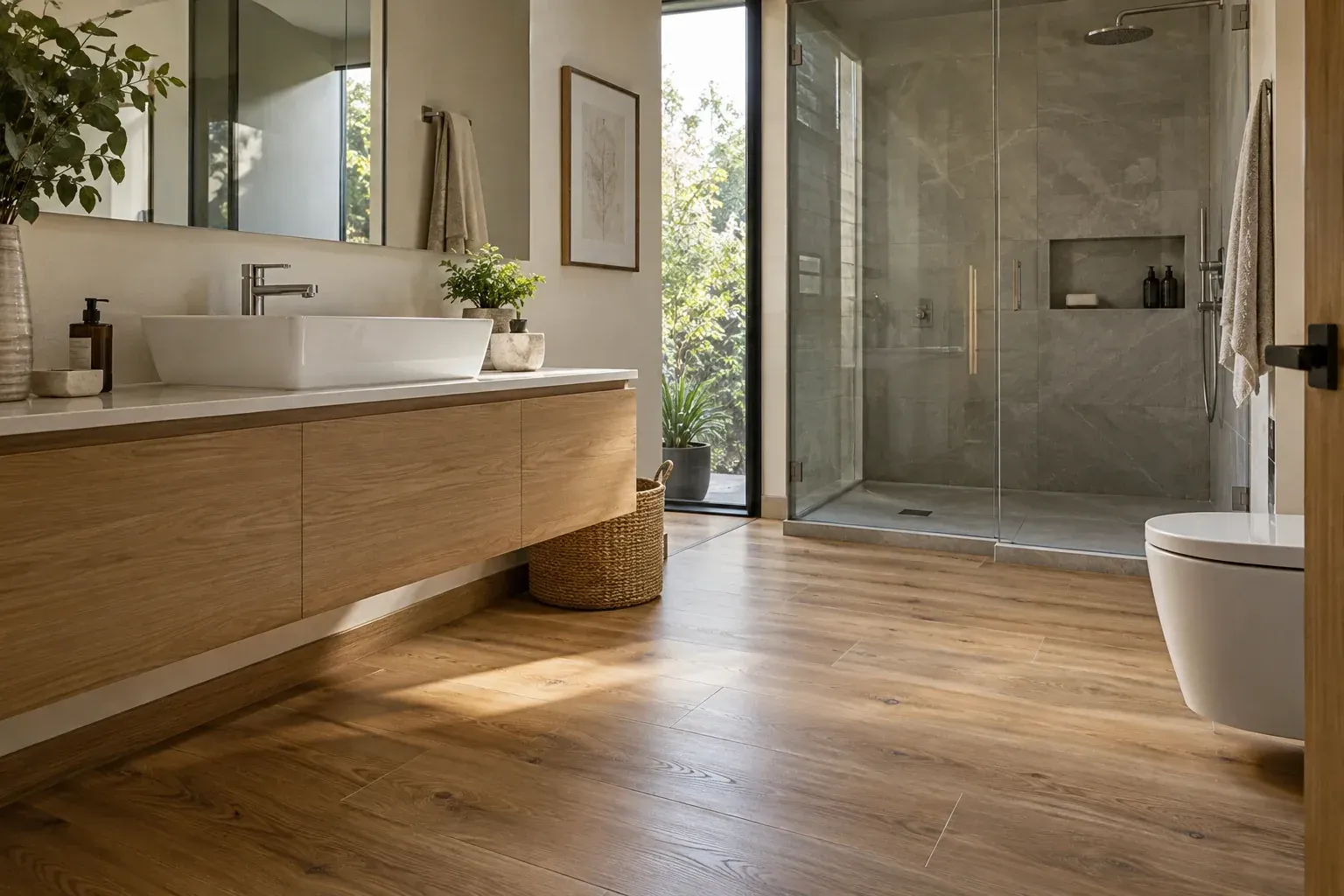 Baño con piso SPC tipo madera en la zona del lavabo y el WC; la regadera, con porcelanato gris, queda separada por un cancel de vidrio
