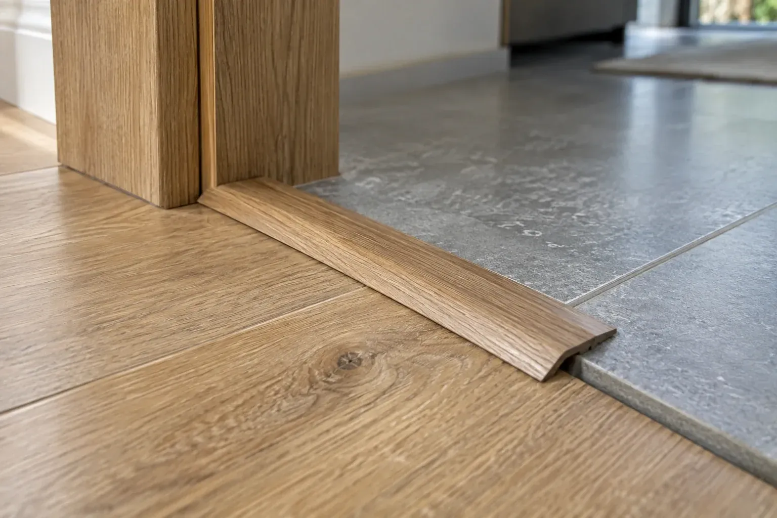 Perfil de transición color madera en el umbral de una puerta, uniendo un piso SPC tipo roble con un piso cerámico gris