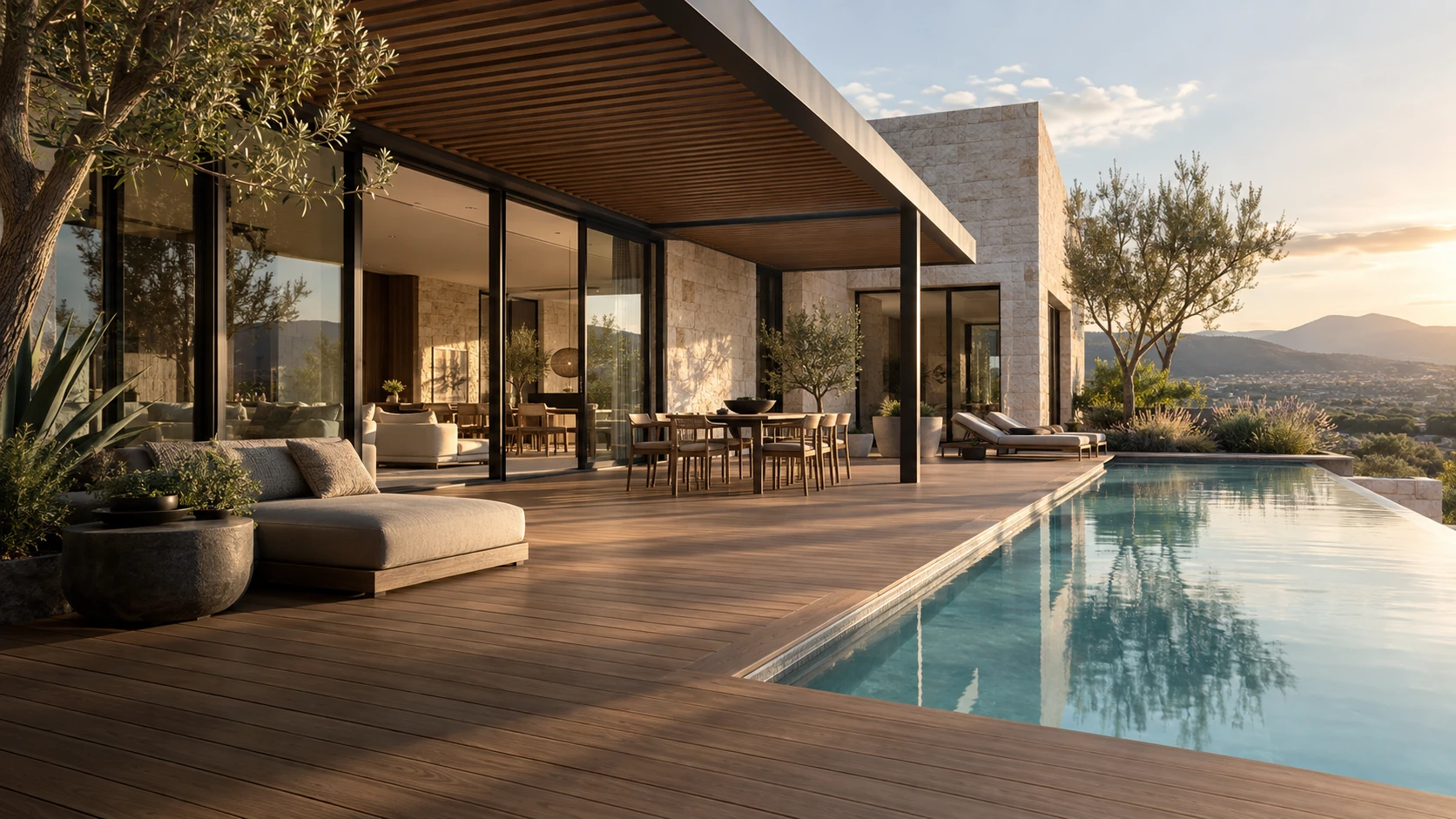 Representación de una terraza con deck WPC, fachada de piedra y alberca