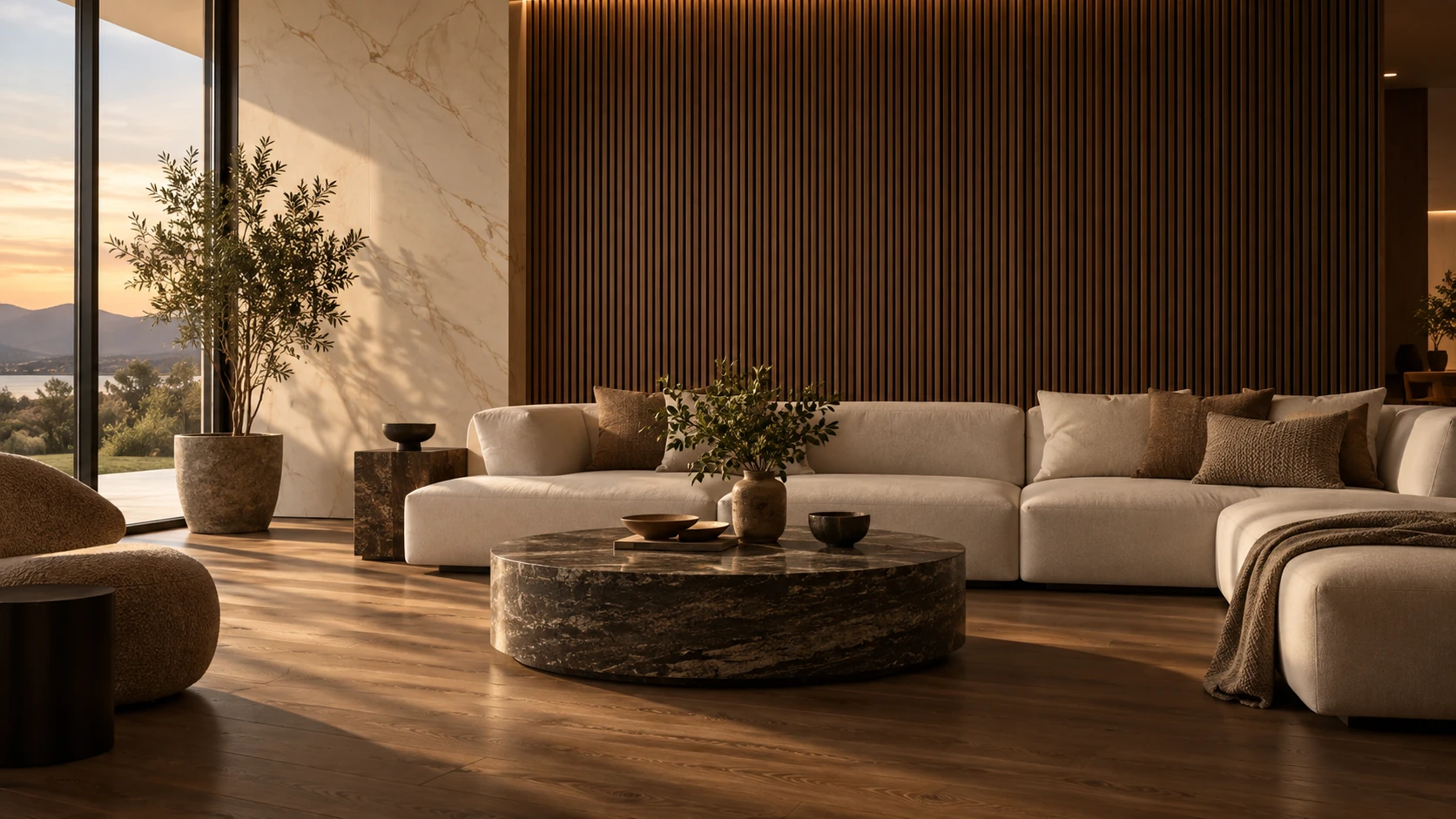 Representación de una sala con lambrín WPC, mármol PVC y piso SPC
