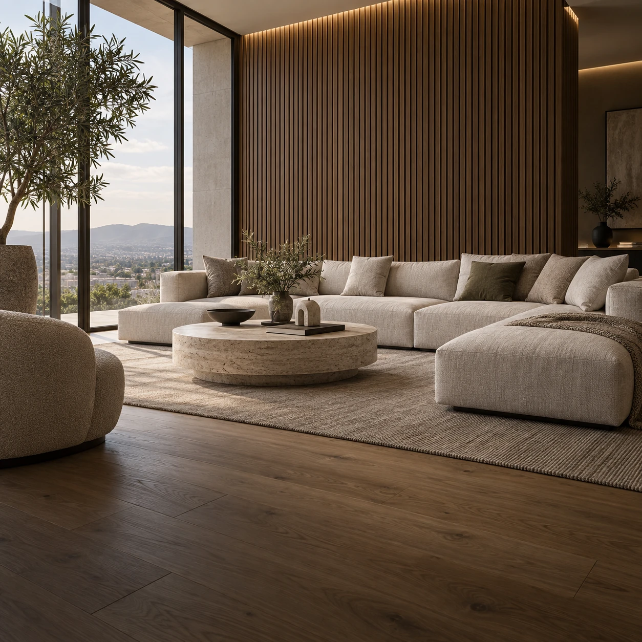 Visualización de sala con lambrín WPC, sofá claro y piso SPC