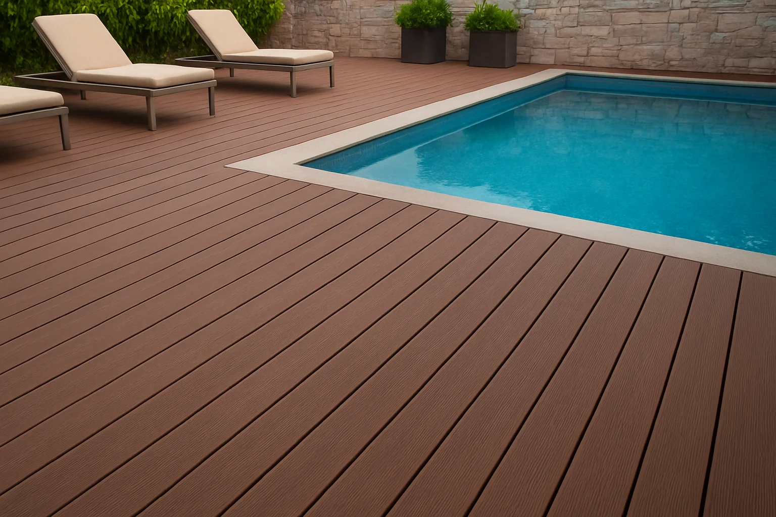 Deck WPC antideslizante instalado en área de alberca