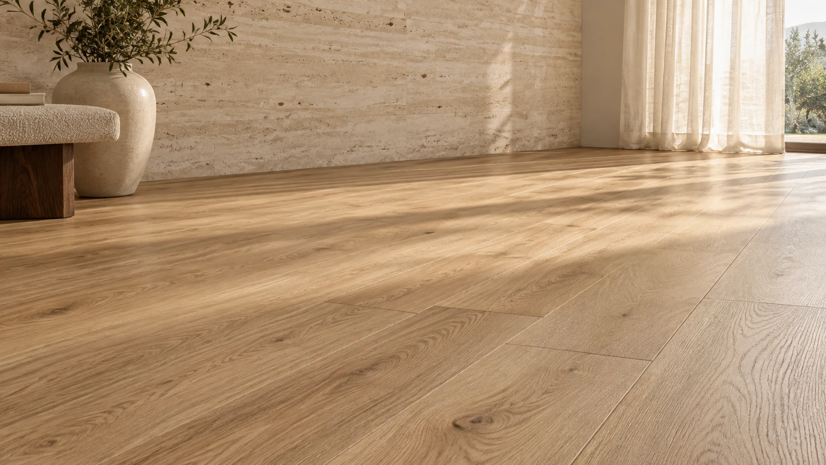 Representación de piso SPC de apariencia madera en un espacio interior